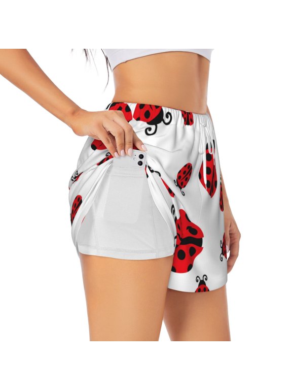 Fly Flying Ladybug for Double-layer Running Short for Women, Perfect for Gym, Tennis, and More, Featuring a Convenient Pocket-Large