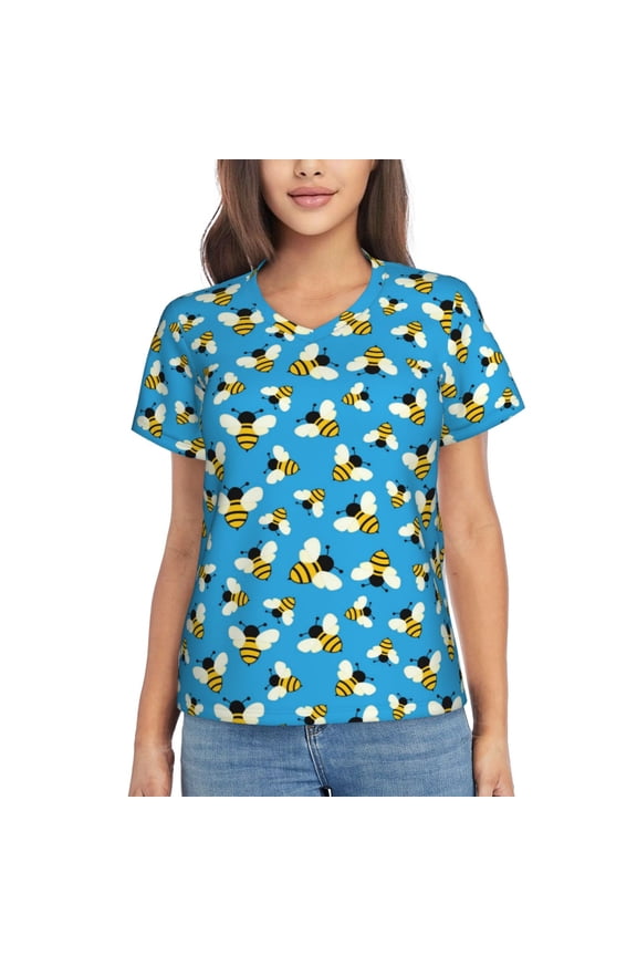 Flying Bees for Women's V-Neck T-Shirts-Elegant Half-Sleeve Tops Perfect for Summer-Medium