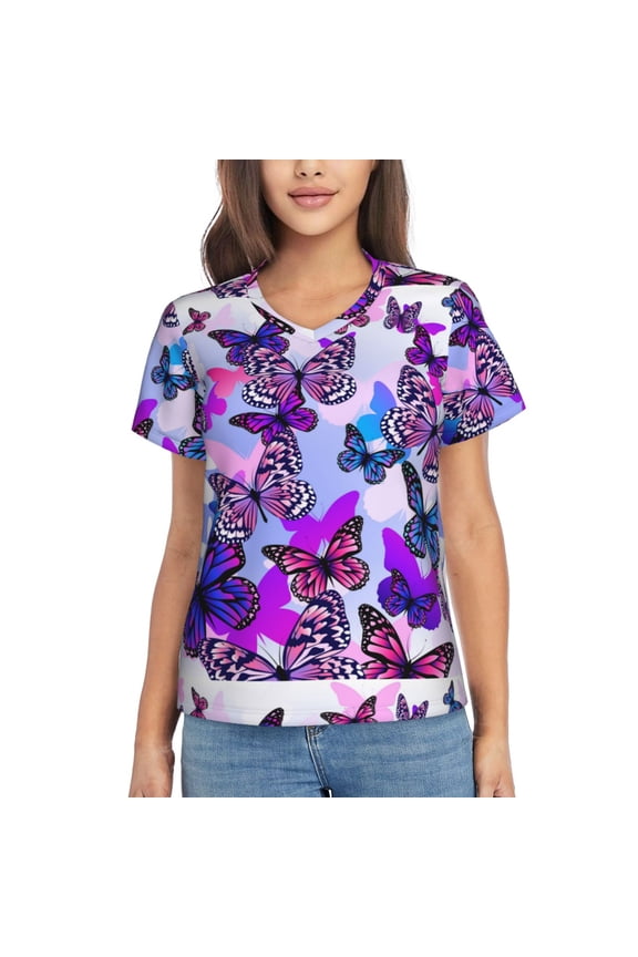 Flying Butterflies for Women's V-Neck T-Shirts-Elegant Half-Sleeve Tops Perfect for Summer-X-Large