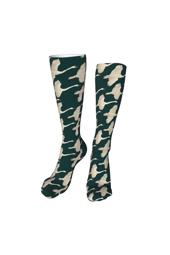 Flying Swans Print Calf Socks Seamless Toe, Knee High Long Socks, Sports Socks Trouser Socks for Women and Men-One Size