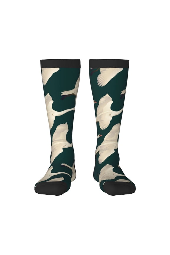 Flying Swans print thigh-high socks, crafted for both men and women with a stretchy, high-opaque design perfect for daily wear