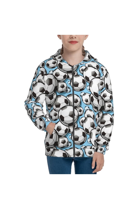Football Soccer Ball Pattern Zip Up Hoodies for Boys Girls, Sweatshirt with Pockets-Medium