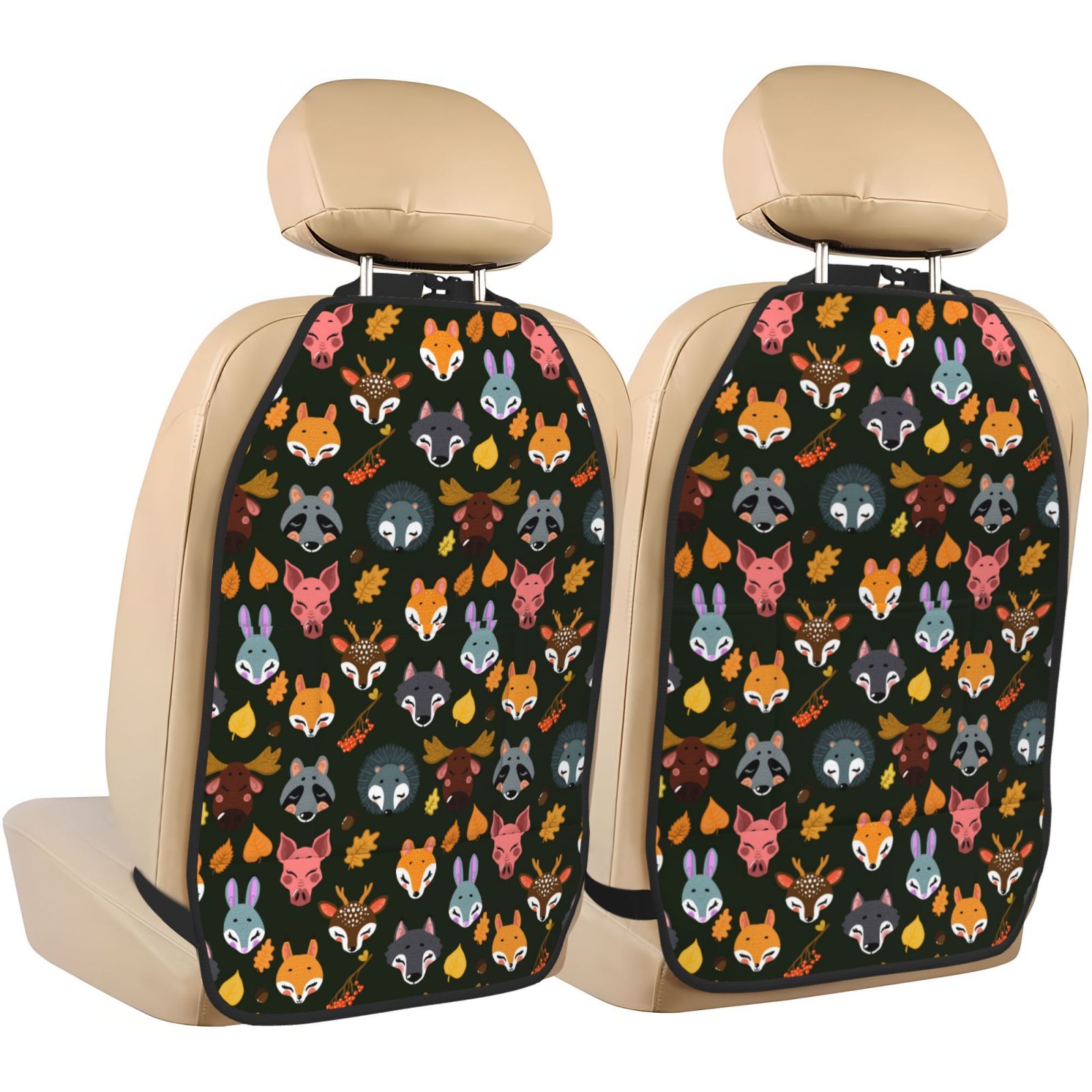 Xecao Forest Animal Faces Pattern Car Seat Back Protector 2 Pack Large Capacity Pocket, Kick Mats Back Seat Protector