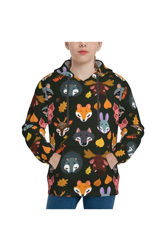 Forest Animal Faces Print Youth Hoodie Sweatshirt,Boys Hoodies,Essentials Hoodie-X-Large