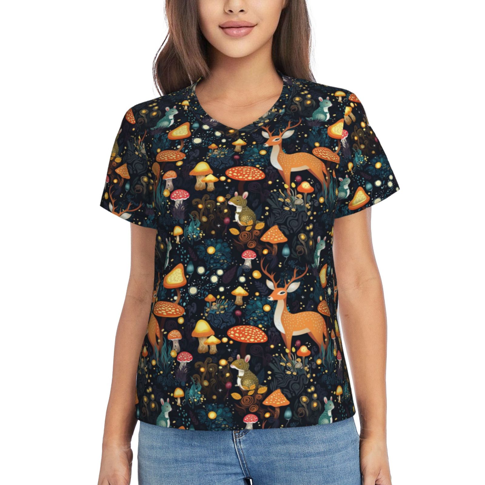 Xecao Forest Elf for Women's V-Neck T-Shirts-Elegant Half-Sleeve Tops Perfect for Summer-Medium