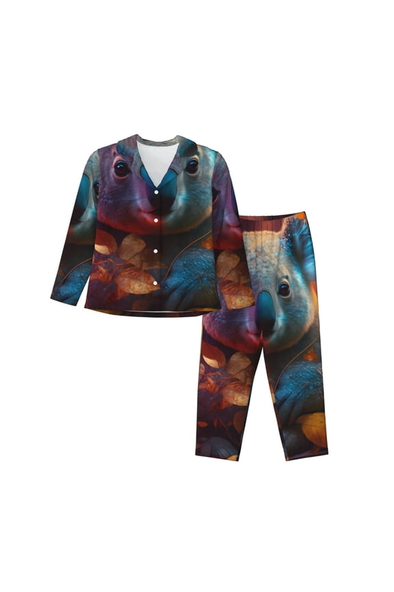 Forest Koala Print Women Pajamas Set Soft Sleepwear Pjs long Sleeve Button Down Nightwear with Long Pants