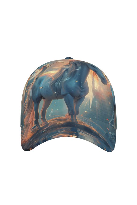 Forest Lake White Horse for Baseball Cap: Unisex, crafted from classic polyester twill fabric, featuring a soft unconstructed design