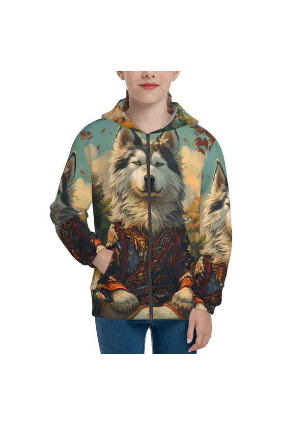 Forest Maple Leaf Husky Pattern Zip Up Hoodies for Boys Girls, Sweatshirt with Pockets-Small