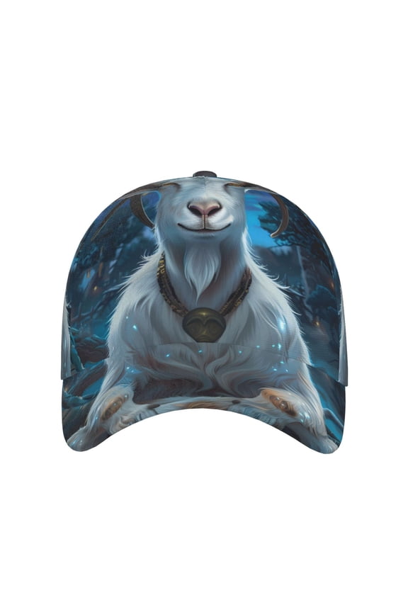 Forest Meditating Goat for Baseball Cap: Unisex, crafted from classic polyester twill fabric, featuring a soft unconstructed design