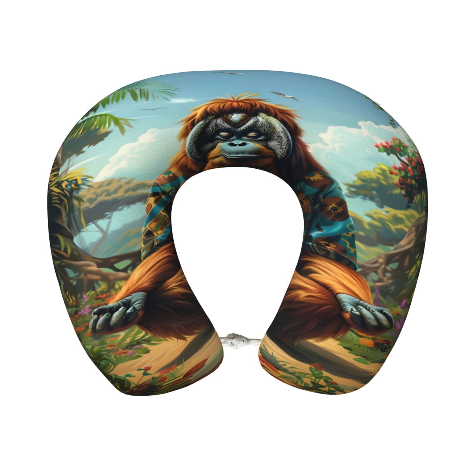 Xecao Forest Meditating Gorilla Print Memory Foam Cervical Neck Pillow Versatile U-Shaped Pillows for Home,Office,Camping,Travelling,Soft Washable Cover