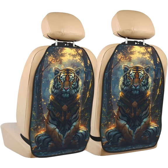 Xecao Forest Meditating Tiger Pattern Car Seat Back Protector 2 Pack Large Capacity Pocket, Kick Mats Back Seat Protector