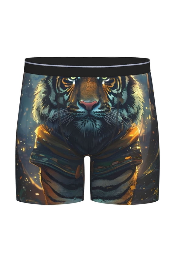Forest Meditating Tiger Print Boxer Briefs for Men's Stretch Moisture-Wicking Underwear, Mid-Rise Classics breathable fabric