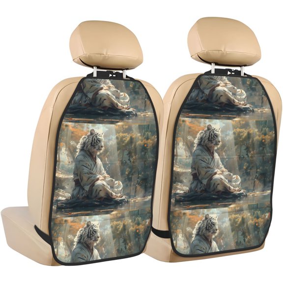 Xecao Forest Meditating White Tiger Pattern Car Seat Back Protector 2 Pack Large Capacity Pocket, Kick Mats Back Seat Protector