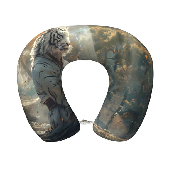 Xecao Forest Meditating White Tiger Print Memory Foam Cervical Neck Pillow Versatile U-Shaped Pillows for Home,Office,Camping,Travelling,Soft Washable Cover