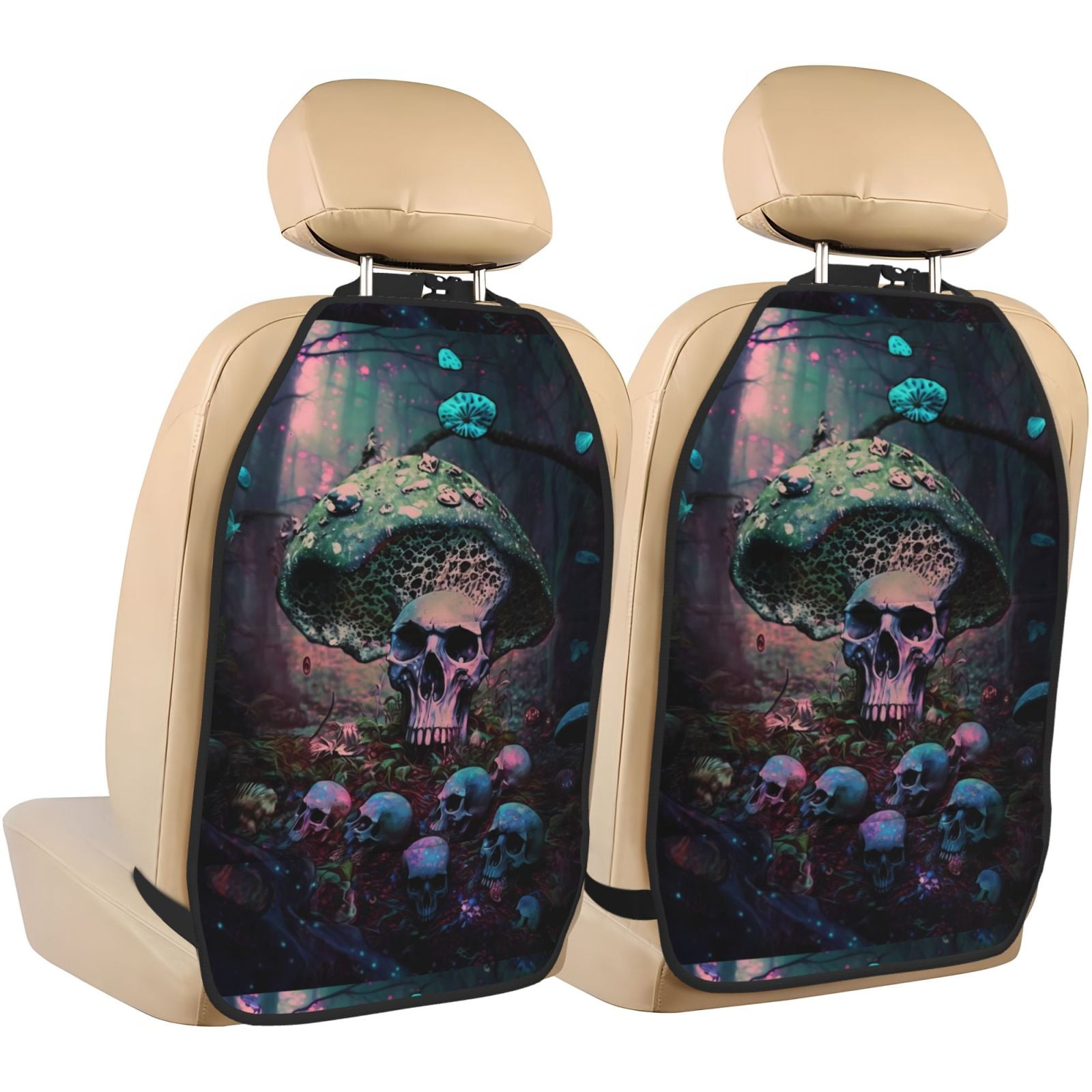Xecao Forest Mushroom Skull Pattern Car Seat Back Protector 2 Pack Large Capacity Pocket, Kick Mats Back Seat Protector