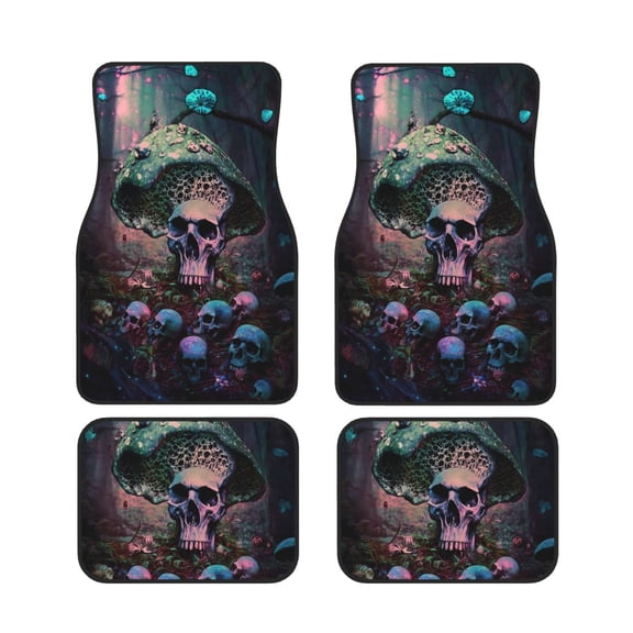 Xecao Forest Mushroom Skull Print Car Foot Mat Set of 4 Pieces Neoprene All-Weather Dust-Proof Stain-resistantCar Interior Decorative mats Non-Slip Mats