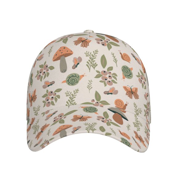Xecao Forest Mushrooms Insects for Baseball Cap: Unisex, crafted from classic polyester twill fabric, featuring a soft unconstructed design