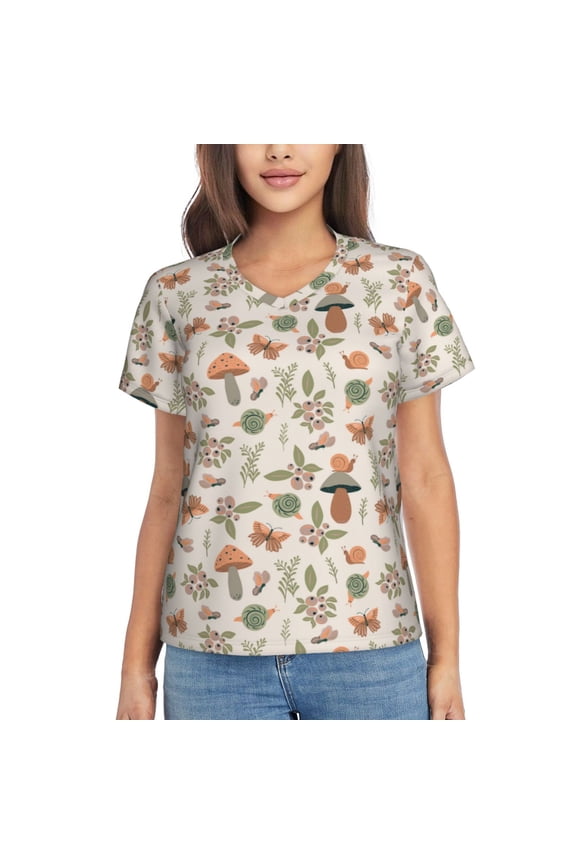 Forest Mushrooms Insects for Women's V-Neck T-Shirts-Elegant Half-Sleeve Tops Perfect for Summer-XX-Large