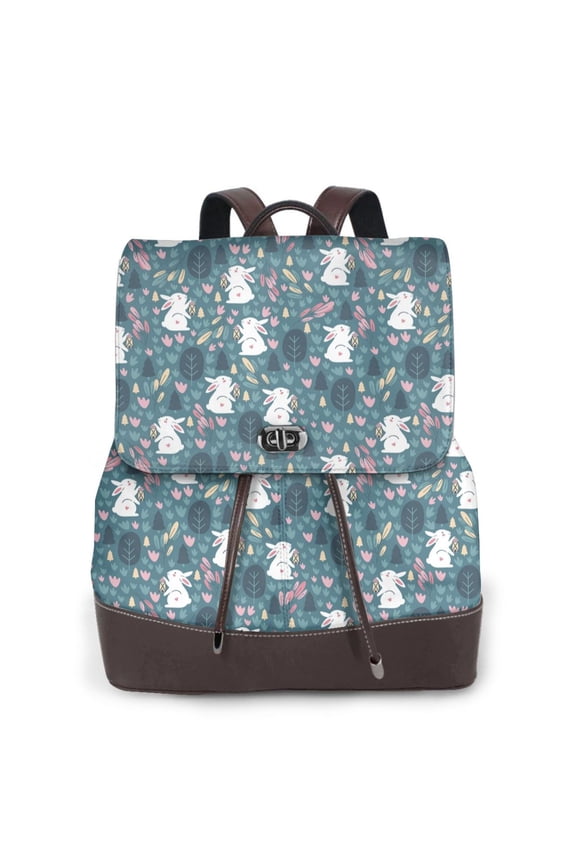 Forest Rabbit Print Large Backpack Soft Leather for Women Travel with Compartment, Adjustable Convertible Strap