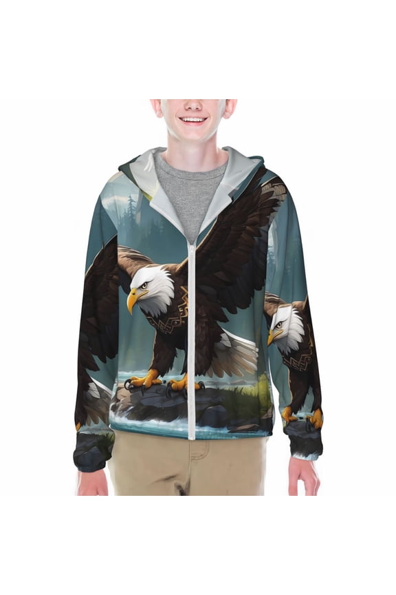 Forest River Bald Eagle Print Fishing Shirts for teenager Long Sleeve UV Sun Protection Hoodie with Zipper Outdoor Hiking Shirts-X-Large