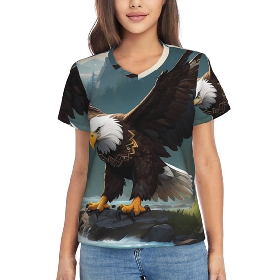Xecao Forest River Bald Eagle for Women's V-Neck T-Shirts-Elegant Half-Sleeve Tops Perfect for Summer-Small