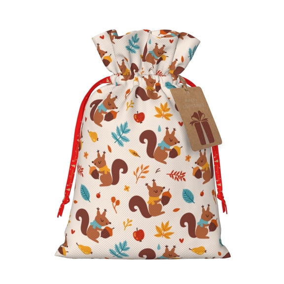 Xecao Forest Squirrel Nuts Print Burlap Gift Bags with Drawstring and Gift Tags, Gift Bags, Burlap Bags, Jute Bags for Party, Christmas, DIY Craft Bags-Medium