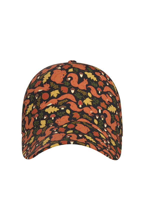 Forest Squirrel for Baseball Cap: Unisex, crafted from classic polyester twill fabric, featuring a soft unconstructed design