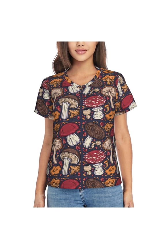 Forest Wild Mushroom for Women's V-Neck T-Shirts-Elegant Half-Sleeve Tops Perfect for Summer-Large