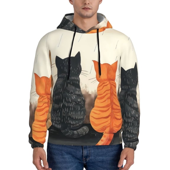 Xecao Four Cats Watching Rain Pattern Men's Adult Pullover Hoodie,Hooded Sweatshirt-Medium