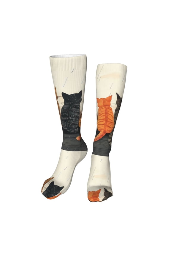 Four Cats Watching Rain Print Calf Socks Seamless Toe, Knee High Long Socks, Sports Socks Trouser Socks for Women and Men-One Size