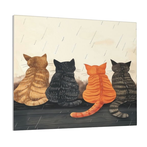Xecao Four Cats Watching Rain for Waterproof Framed Canvas Art - Modern Home Decor with Real Wood Frame for Gifting and Interior Design,Horizontal