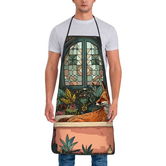 Xecao Fox Bathtub Floral Art Print Funny BBQ Chef Aprons for Men Women,Adjustable Kitchen Cooking Aprons with Pocket Waterproof Oil Proof No Pilling Fading