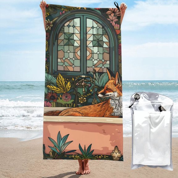 Xecao Fox Bathtub Floral Art Print Quick Dry Towel - Lightweight Microfiber Travel Towels w/Bag - Fast Drying Towel Set for Camping, Beach, Gym-27.5"x55"