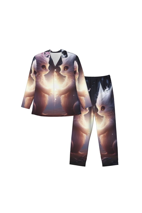 Fox Couple Print Pajamas Set Mens Pajamas Long Sleeve Loungewear Two-Piece Sleepwear Button-Down Pjs Set,2PJS-