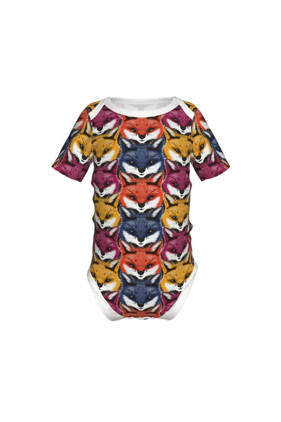 Fox Face Pattern Baby Climbing Bodysuit Short Sleeve Onesie Unisex 0-12 Months Baby Shirt Newborn Outfits Crotch snap design-9M