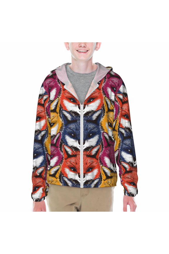 Fox Face Print Fishing Shirts for teenager Long Sleeve UV Sun Protection Hoodie with Zipper Outdoor Hiking Shirts-Medium