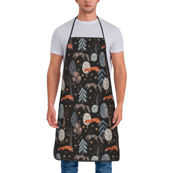 Xecao Fox In The Forest Print Funny BBQ Chef Aprons for Men Women,Adjustable Kitchen Cooking Aprons with Pocket Waterproof Oil Proof No Pilling Fading