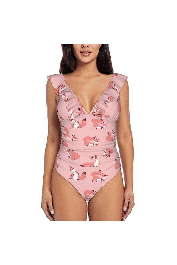 Fox print Ruffle One-Piece Swimsuit for Women,for the Beach or Pool