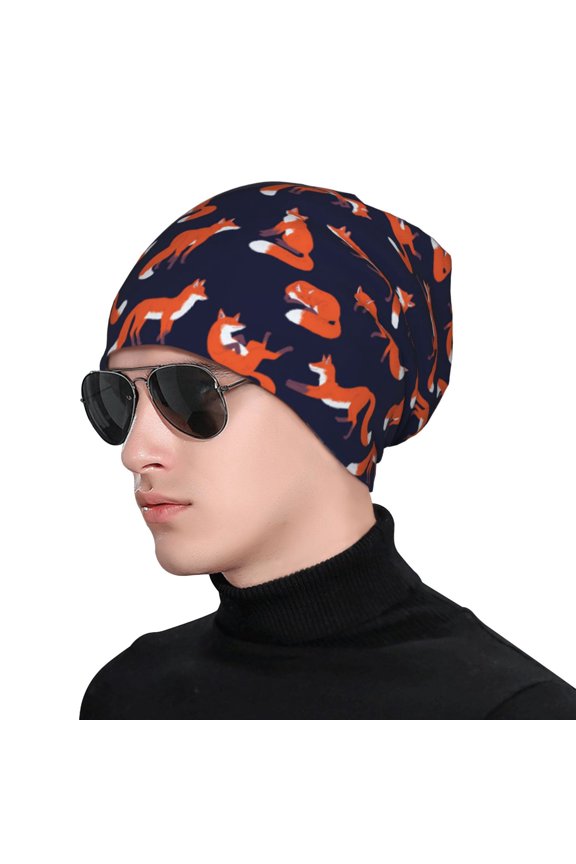 Foxes In Different Poses Print Beanie Knitted Hat for Men Women, Winter Fashion Knit Cuffed Caps Unisex