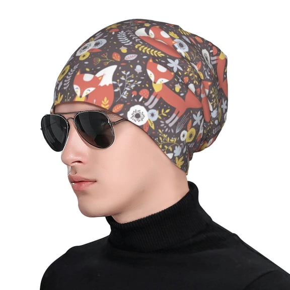 Xecao Foxes Print Beanie Knitted Hat for Men Women, Winter Fashion Knit Cuffed Caps Unisex