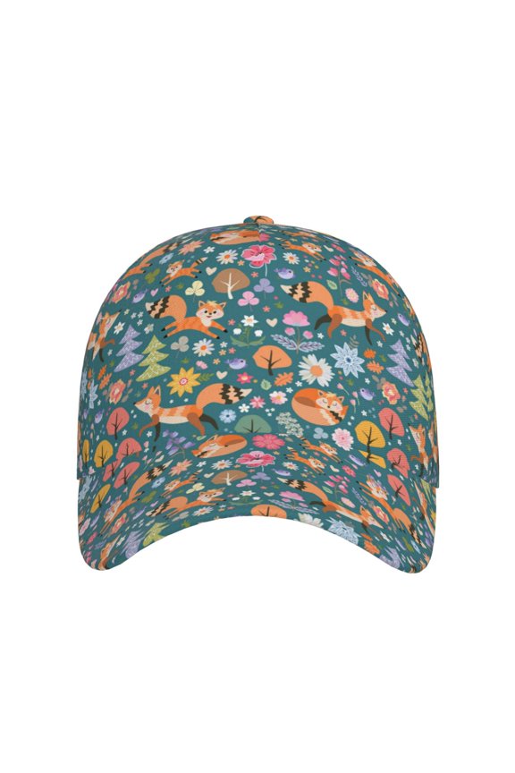 Foxes and Birds in Forest for Baseball Cap: Unisex, crafted from classic polyester twill fabric, featuring a soft unconstructed design