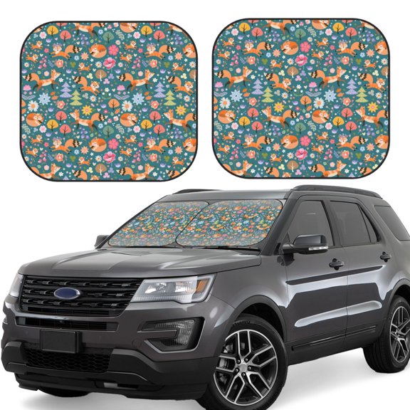 Xecao Foxes and Birds in Forest for Foldable Car Sun Shades (2-Pack) offer sun protection with an easy-fold design for convenient windshield shading.
