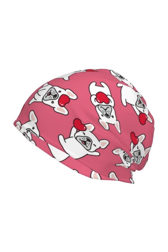 French Bulldog And Heart Print Knit Hat,Winter Beanie for Men Women, Beanie Soft Warm Ski Stocking Cuffed Cap