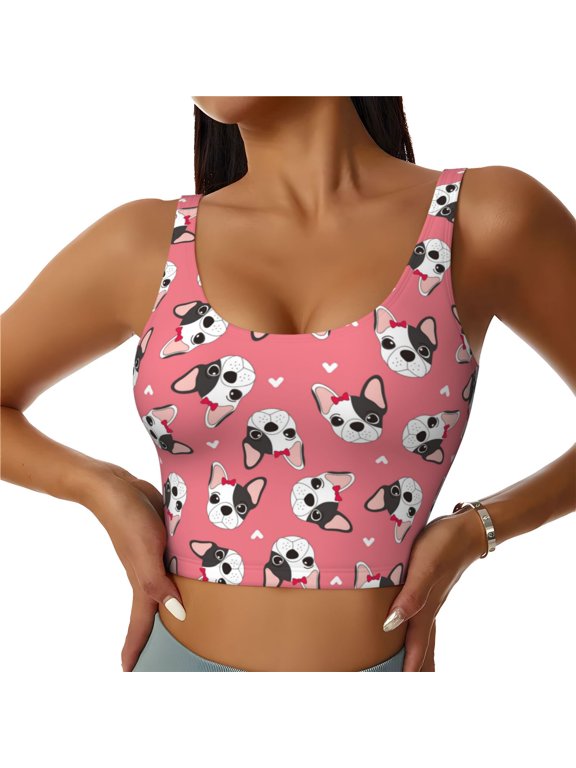 French Bulldog Face for Sports Bra with Removable Pads, Crop Tank Top Design, Women's Longline Sports Bra - Non-Wired - Medium