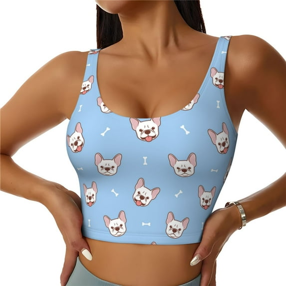 Xecao French Bulldog Head for Sports Bra with Removable Pads, Crop Tank Top Design, Women's Longline Sports Bra - Non-Wired - Large
