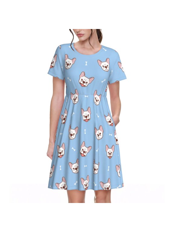 French Bulldog Head for Women Summer Short Sleeve Midi Dress with Pockets Casual Aline Flowy Tshirt Dress Vocation Beach Sundress