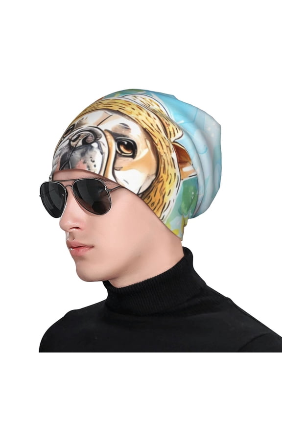 French Bulldog Sunflowers Bubbles Print Beanie Knitted Hat for Men Women, Winter Fashion Knit Cuffed Caps Unisex