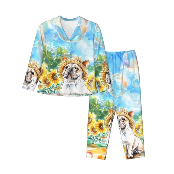 Xecao French Bulldog Sunflowers Bubbles Print Women Pajamas Set Soft Sleepwear Pjs long Sleeve Button Down Nightwear with Long Pants