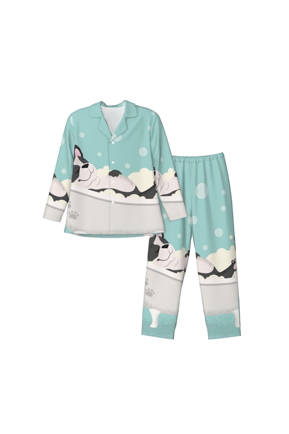 French Bulldog Taking a Bath Print Pajamas Set Mens Pajamas Long Sleeve Loungewear Two-Piece Sleepwear Button-Down Pjs Set,2PJS-XX-Large
