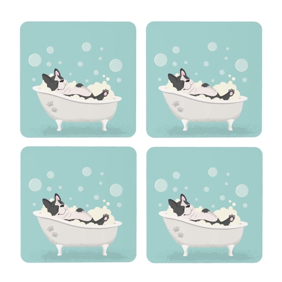 Xecao French Bulldog Taking a Bath for MDF Cork Coaster 4 Pcs,Drink Coasters,Suit for House Warming Gifts New Home ,Coffee Table Decor-Square